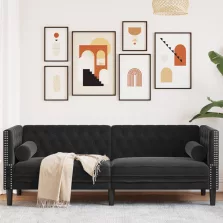   vidaXL 3 személyes fekete bársony Chesterfield kanapé hengerpárnákkal