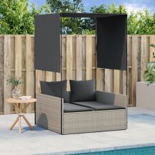   vidaXL világosszürke polyrattan dupla napozóágy tetővel és függönnyel