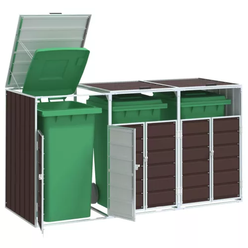 vidaXL barna acél kerekes szemetes tároló 3 szemeteskukához 216 x 81 x 115 cm