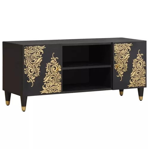 vidaXL TV szekrény polcokkal Fekete 105 x 33 x 46 cm Tömör Mangófát