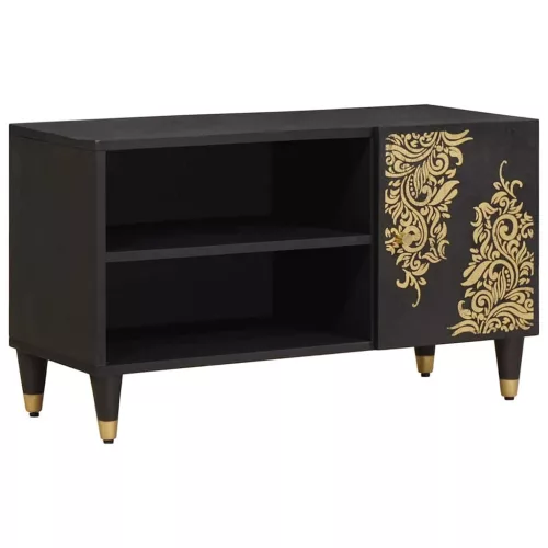 vidaXL TV szekrény polcokkal Fekete 80 x 33 x 46 cm Tömör Mangófát