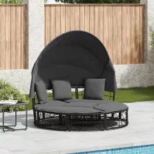   vidaXL fekete polyrattan kültéri napozóágy napellenzővel és párnákkal