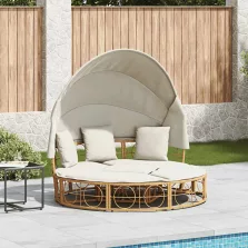   vidaXL polyrattan kültéri napozóágy napellenzővel és párnákkal