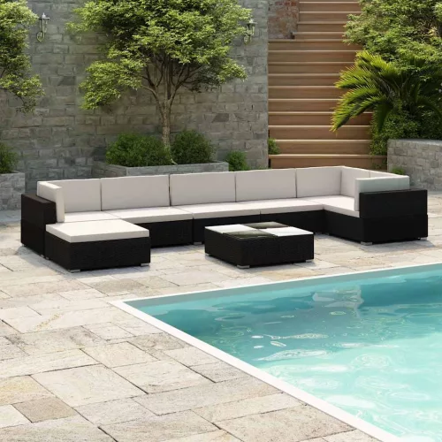 vidaXL 8-részes fekete polyrattan kerti bútorszett párnákkal