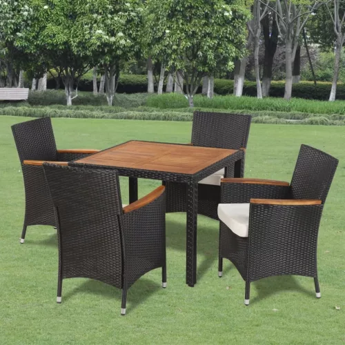 vidaXL 5-részes fekete polyrattan kültéri étkezőszett párnákkal