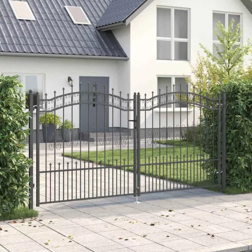 vidaXL Kerítéskapu Lándzsa Tetejével zárral Szürke 305 x 150 cm Acél