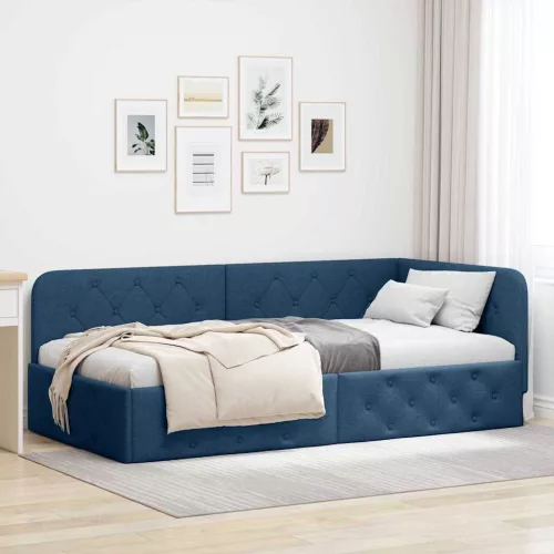 vidaXL Sarokágy keret fejtámlával Kék 90 x 200 cm szövet