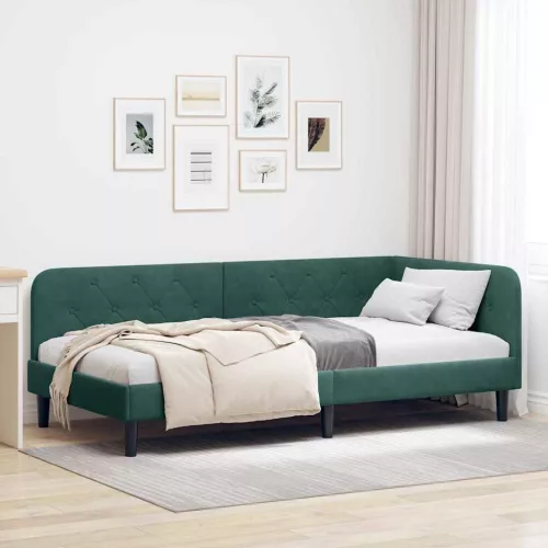 vidaXL Sarokágy keret fejtámlával Sötétzöld 90 x 190 cm Bársony