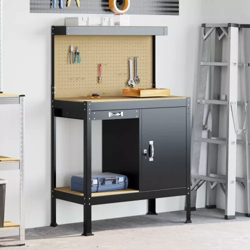 vidaXL Munkaasztalok fiókkal polcokkal Fekete 81 x 41 x 145 cm Faanyag