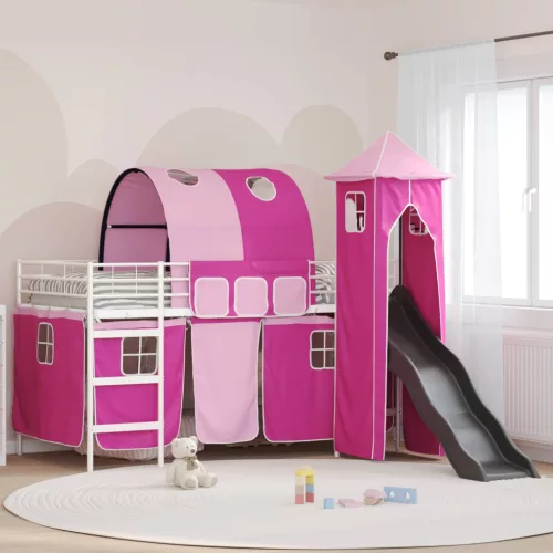 vidaXL Gyerekek Loft Ágykerete Fehér és rózsaszín 90 x 200 cm Fém