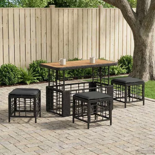 vidaXL Kert étkező szett 4 pcs Fekete és Szürke Poli Rattan és Akácfa