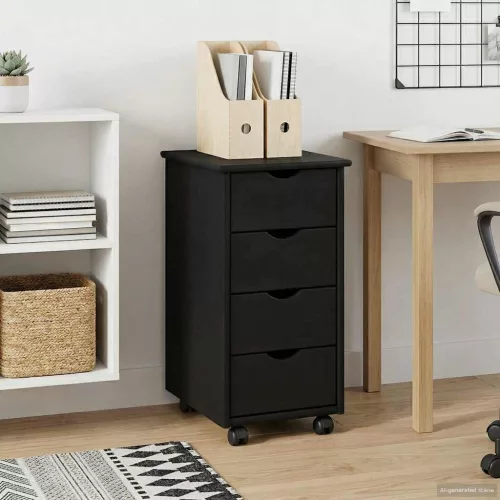 vidaXL Görgős szekrény kerékkel Fekete 34 x 39 x 65,5 cm Tömör fenyőfa