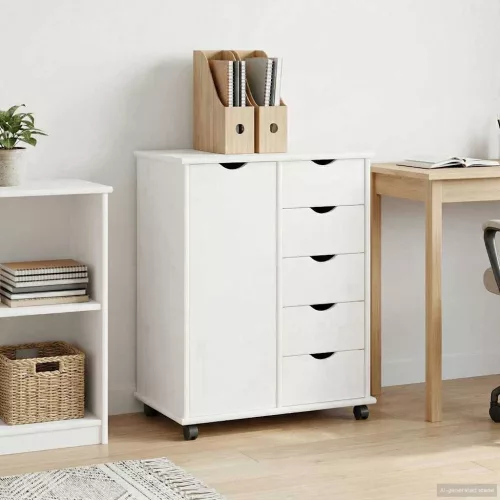 vidaXL Görgős szekrény kerékkel Fehér 63,5 x 39 x 79 cm Tömör fenyőfa