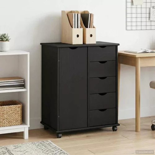 vidaXL Görgős szekrény kerékkel Fekete 63,5 x 39 x 79 cm Tömör fenyőfa