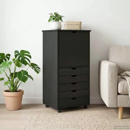 vidaXL Görgős szekrény kerékkel Fekete 53 x 39 x 103 cm Tömör fenyőfa