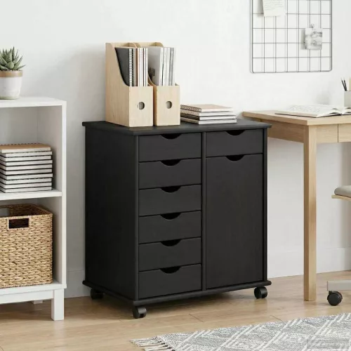 vidaXL Görgős szekrény Fekete 63,5 x 39 x 65,5 cm Tömör fenyőfa