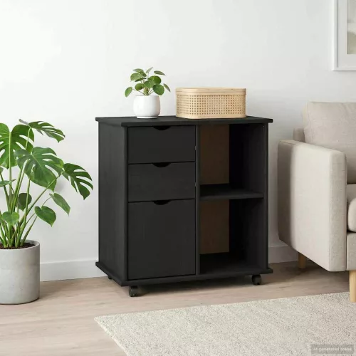 vidaXL Görgős szekrény Fekete 63,5 x 39 x 65,5 cm Tömör fenyőfa