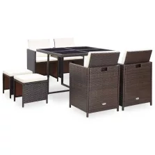   vidaXL 9-részes barna kültéri polyrattan étkezőszett párnákkal
