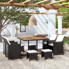   vidaXL 9 darabos fekete kültéri polyrattan és akácfa étkezőszett