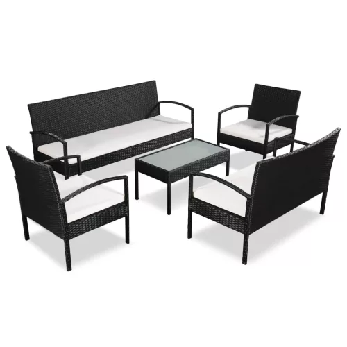 vidaXL 5-részes fekete polyrattan kerti bútorszett párnákkal