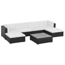   vidaXL 7-részes fekete polyrattan kerti bútorszett párnákkal