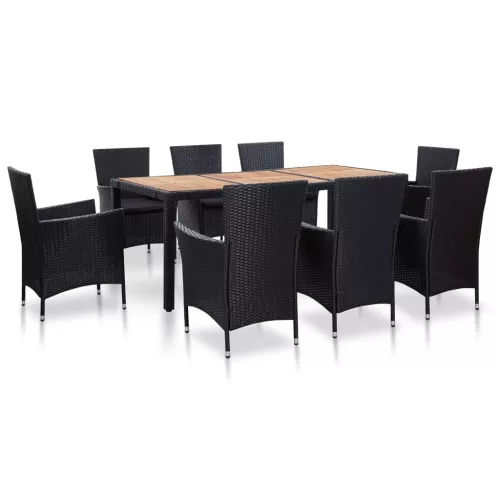 vidaXL 9-részes fekete polyrattan kültéri étkezőszett párnákkal