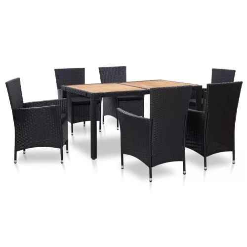 vidaXL 7-részes fekete polyrattan kültéri étkezőgarnitúra párnákkal
