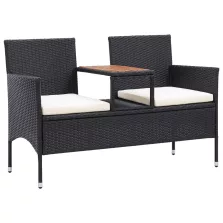   vidaXL 2 személyes fekete polyrattan kerti pad teázóasztallal 143 cm