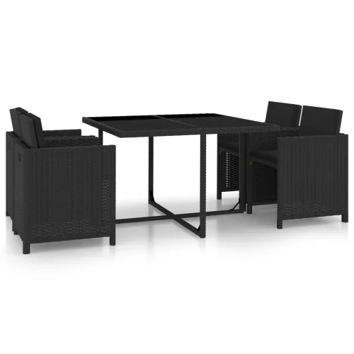 vidaXL 5 részes fekete polyrattan kültéri étkezőszett párnákkal