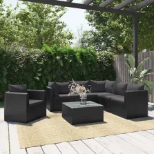   vidaXL 7-részes fekete polyrattan kerti társalgószett párnákkal