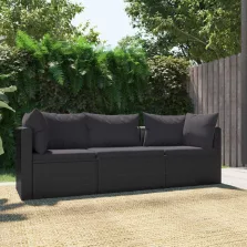   vidaXL 3 darabos fekete polyrattan kerti ülőgarnitúra párnákkal