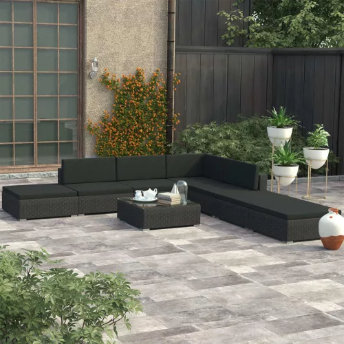 vidaXL 8-részes fekete polyrattan kerti bútorszett párnákkal
