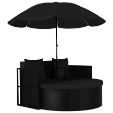 vidaXL fekete polyrattan kerti ágy napernyővel