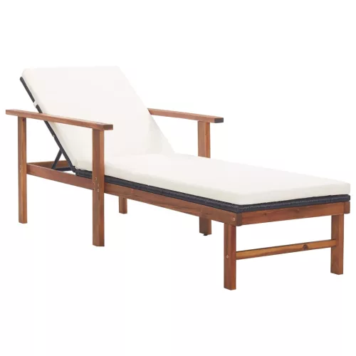 vidaXL fekete polyrattan és tömör akácfa napozóágy párnával