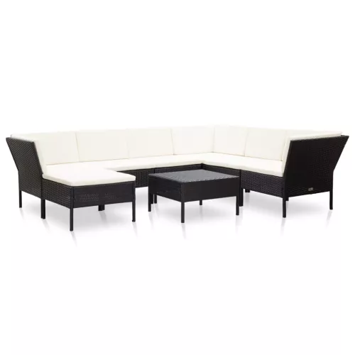 vidaXL 8 részes fekete polyrattan kerti bútorszett párnákkal