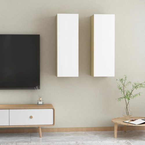 vidaXL 2 db fehér és tölgyszínű forgácslap TV-szekrény 30,5x30x90 cm