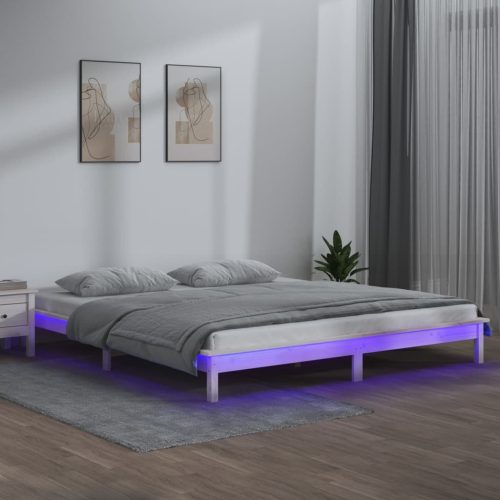 vidaXL fehér tömör fa ágykeret LED-világítással 200 x 200 cm