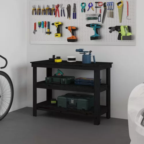 vidaXL fekete tömör fenyőfa munkapad 110,5x50x80 cm