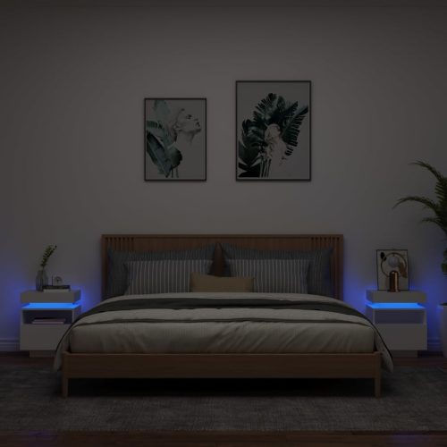 vidaXL 2 db fehér műfa éjjeliszekrény LED-fényekkel 40x39x48,5 cm