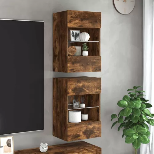 vidaXL 2 db füstös tölgy fali szekrények LED világítással TV-hez 40x30x60,5 cm