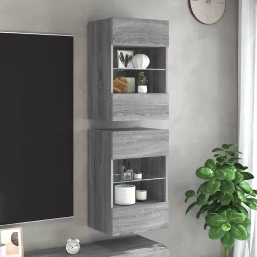 vidaXL 2 db szürke sonoma fali szekrények LED világítással TV-hez 40x30x60,5 cm