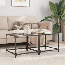   vidaXL 2 db acél dohányzóasztal fekete üveglappal 50 x 50 x 40 cm