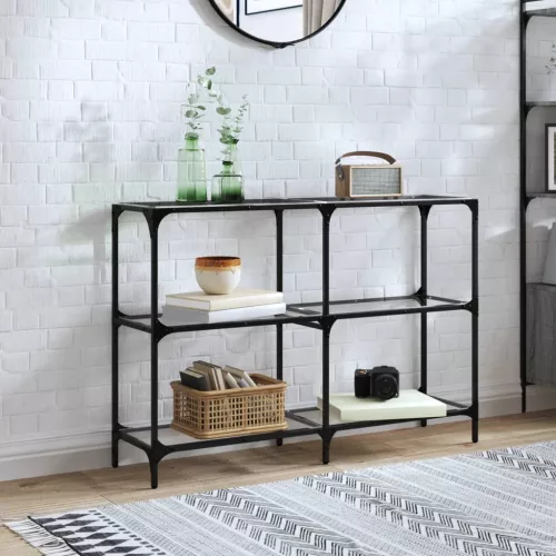 vidaXL acél tálalóasztal átlátszó üveglappal 118,5 x 30 x 81 cm