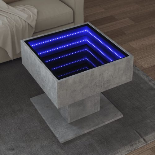 vidaXL betonszürke szerelt fa dohányzóasztal LED-del 50 x 50 x 45 cm