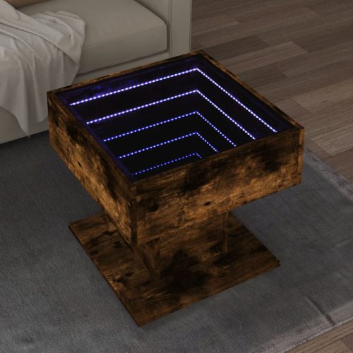 vidaXL füstös tölgy szerelt fa dohányzóasztal LED-del 50 x 50 x 45 cm