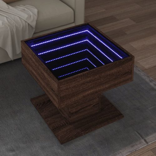 vidaXL barna tölgy szerelt fa dohányzóasztal LED-del 50 x 50 x 45 cm