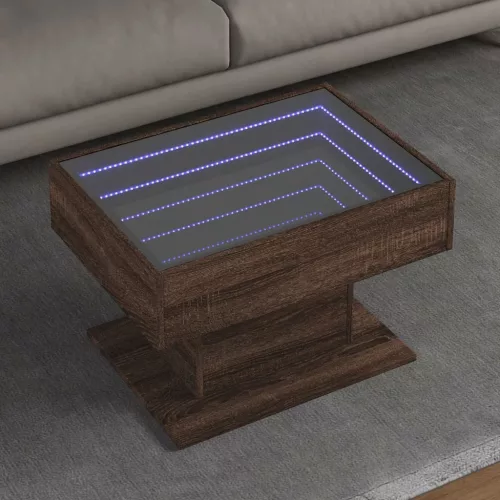 vidaXL barna tölgy szerelt fa dohányzóasztal LED-del 70 x 50 x 45 cm