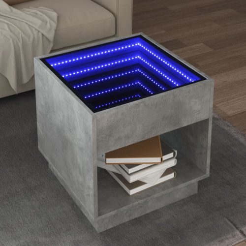 vidaXL betonszürke végtelen hatású LED-es dohányzóasztal 50x50x50 cm