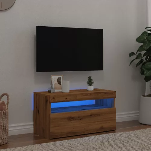 vidaXL kézműves tölgy szerelt fa TV-szekrény LED-ekkel 75x35x40 cm