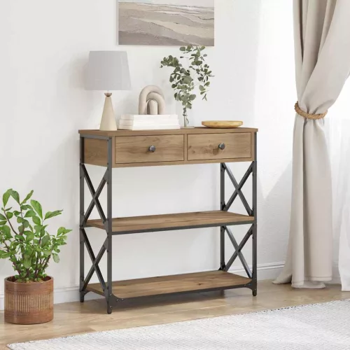 vidaXL Konzol Asztal fiókkal polcokkal kézműves tölgy 75 x 28 x 75 cm